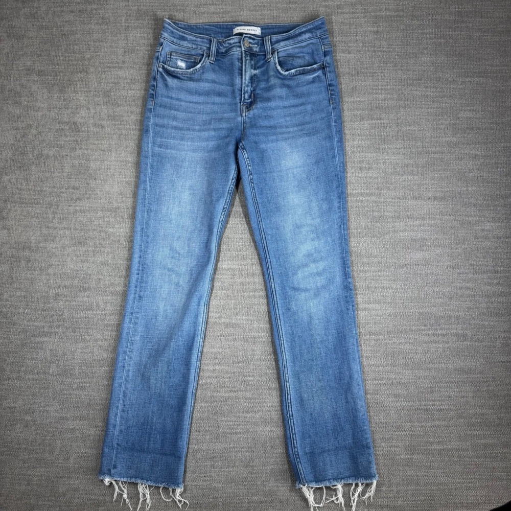 Flying Monkey Mid Rise Cropped Straight Jeans Blue Raw Hem Size 28 (Fits 30)